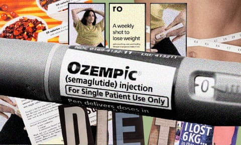 collage of images behind Ozempic syringe, showing people measuring stomach, the word "diet" and "I lost 6kg", a weight watchers recipe, etc