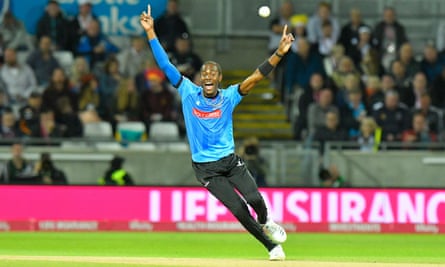 Jofra Archer, playing for Sussex Sharks, appeals during the final of the T20 Finals Day 2018 match against Worcestershire Rapids.