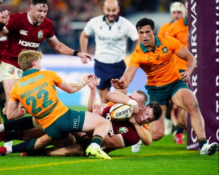 Huw Jones powers over for the Lions’s third try