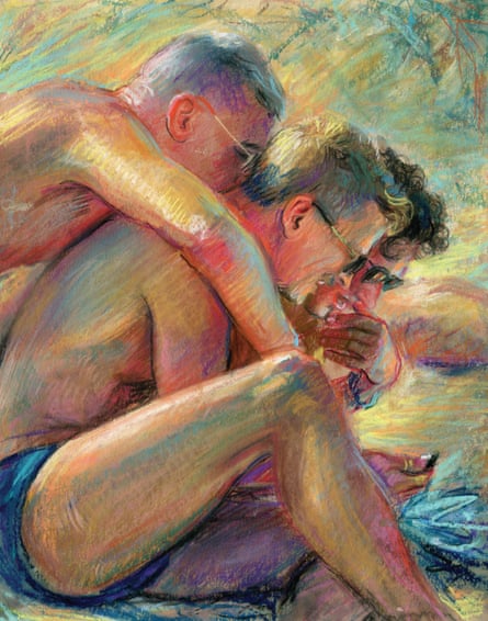 Artwork showing shirtless men on a beach