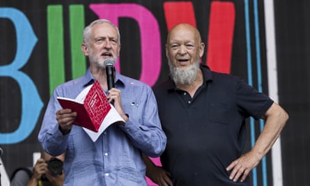 Labour leader Jeremy Corbyn at Glastonbury, joined by the festival’s founder Michael Eavis
