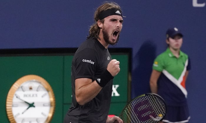 Stefanos Tsitsipas gives a fist pump after a point against Daniel Elahi Galan.