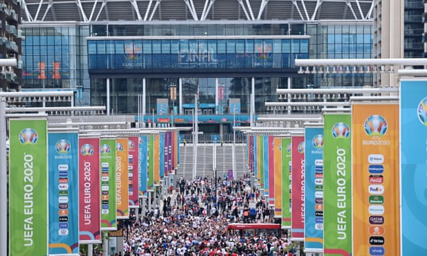 A general view outside the stadium along Wembley Way before the Euro 2020 final between Italy and England at Wembley stadium.