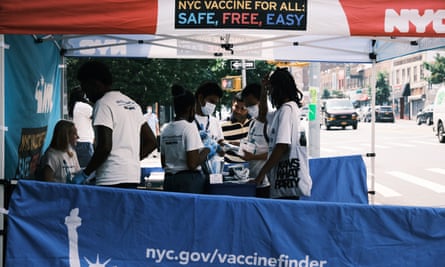 A city-operated mobile pharmacy advertises the Covid vaccine near Brighton Beach in the Brooklyn borough of New York City.