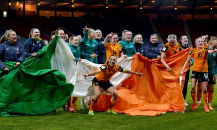 Republic of Ireland players celebrate their play-off victory at Hampden Park.