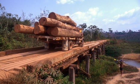 Transportation of timber logs, Amazon rainforest Brazil