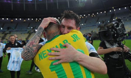 Lionel Messi consoles Neymar after Argentina’s triumph in the 2021 Copa América final at the Maracana.