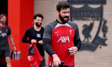 Alisson Becker and Mohamed Salah during a training session at Liverpool’s AXA Training Centre
