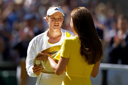 Elena Rybakina receives the winners trophy from the Duchess of Cambridge after victory over Ons Jabeur in the Ladies’ Singles Final on Centre Court during day thirteen of the 2022 Wimbledon tennis championships at the All England Lawn Tennis Club on July 9th 2022 in London.