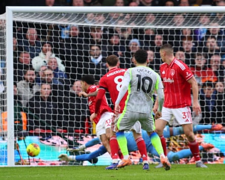 Rayan Cherki’s shot finds the bottom right corner of the Forest net