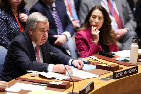 Secretary-general of the United Nations Antonio Guterres (L) delivers opening remarks during a UN security council meeting on the situation in the Middle East, including Iran's recent attack against Israel, at UN headquarters in New York City on April 14, 2024.