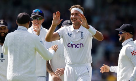 Stuart Broad celebrates after dismissing Travis Head.