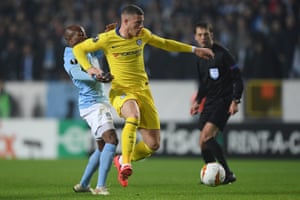 Ross Barkley is struggling for ownership by Fouad Bachirou from Malmo.