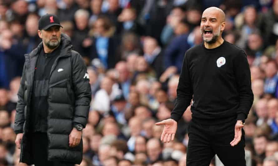 Jürgen Klopp and Pep Guardiola stand on the sidelines