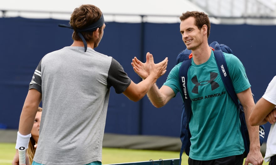 Andy Murray with Cameron Norrie as they prepare to practise at Queen’s Club in 2018.