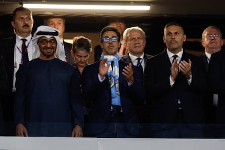 Sheikh Mansour in a Manchester City scarf watches his club in the Champions League final in 2023