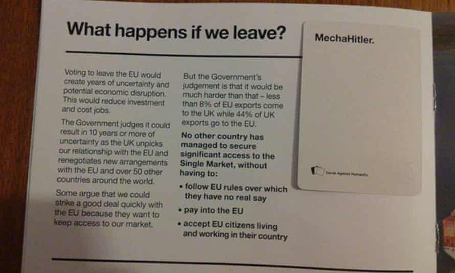 A card from Cards Against Humanity and the pro-EU pamphlet. They spell out: 'What happens if we leave? MechaHitler.