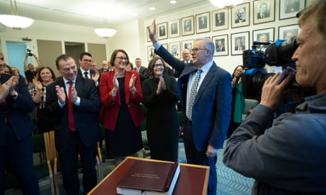 Prime Minister Anthony Albanese addresses the cuacus room for the first time in Parliament House, Canberra this morning. Photograph by Mike Bowers. Tuesday 31st May 2022. Guardian Australia