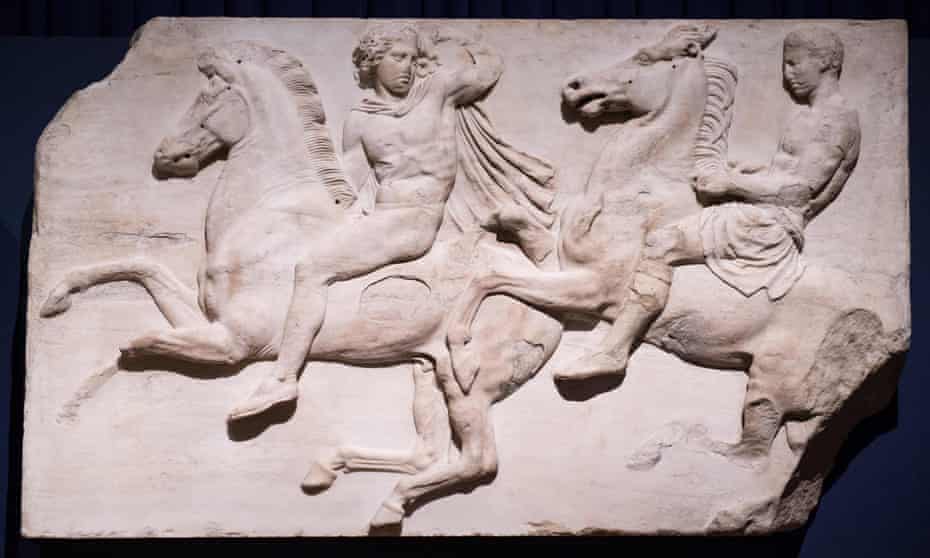 A section of marble frieze sculpture (438-432 BC) from The Parthenon in Athens, part of the collection that is popularly referred to as the Elgin Marbles at the British Museum