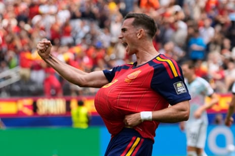Spain's Fabian Ruiz celebrates after scoring the opening goal in the World Cup quarter-final against Belgium.