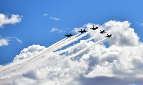 The U.S. Air Force Air Thunderbirds fly by University Medical Center as they honor the frontline workers in Las Vegas on April 11, 2020.