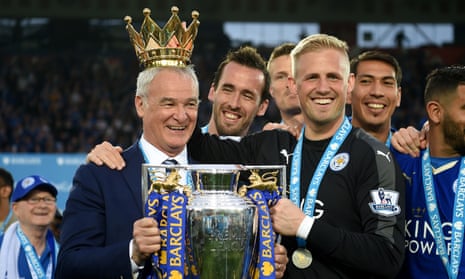 Claudio Ranieri and the Leicester City players celebrate winning the Premier League in 2016.
