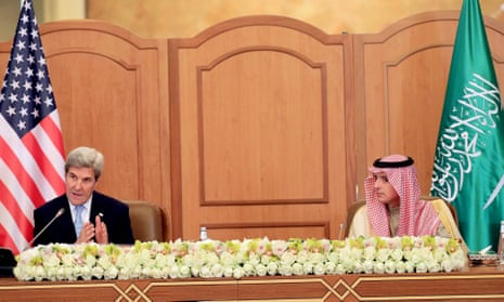 John Kerry speaks during a press conference with the Saudi foreign minister, Adel al-Jubeir, in Riyadh.