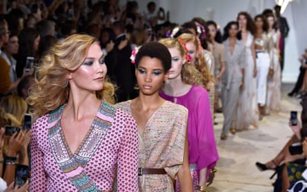 Karlie Kloss leads the runway during the Von Fürstenberg spring 2016 show at New York fashion week.