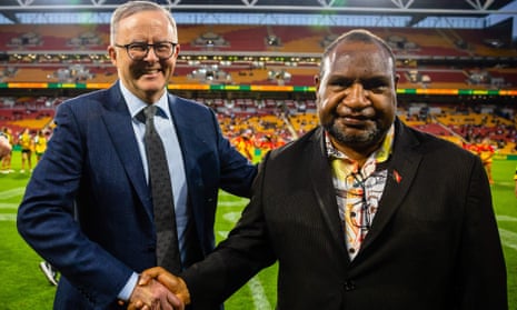 Australia's prime minister Anthony Albanese his Papua New Guinea counterpart James Marape at the international women's rugby league match in Brisbane in September