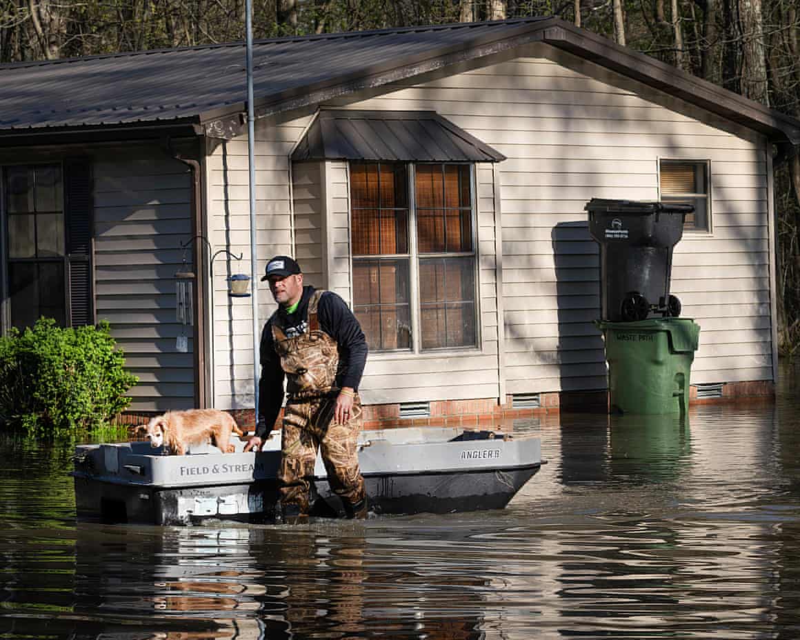 A man wades through flood water pulling a boat in which his dog stands