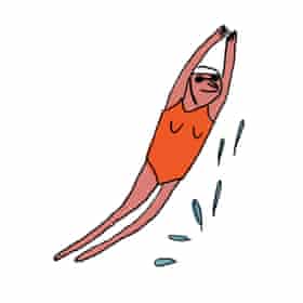Portrait of a woman diving in orange swimsuit and white swimcap, with water splashing beneath