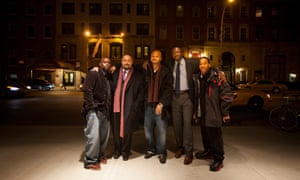 Antron McCray, Raymond Santana Jr, Kevin Richardson, Yusef Salaam and Kharey Wise outside a theater before the New York premiere of The Central Park Five, in 2012.