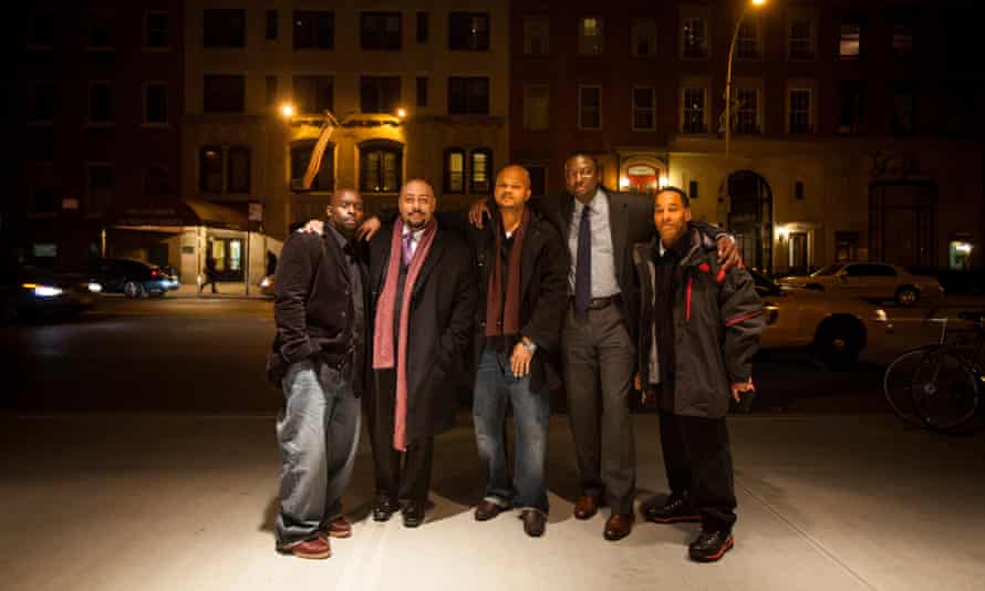 Antron McCray, Raymond Santana Jr, Kevin Richardson, Yusef Salaam and Kharey Wise outside a theater before the New York premiere of The Central Park Five, in 2012.