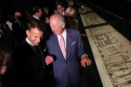 Britain’s King Charles III and France’s President Emmanuel Macron view sections of the Bayeux Tapestry during a preview event for the Bayeux Tapestry Exhibition, at the British Museum in London on 2 September 2026.