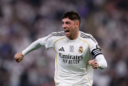 Fede Valverde celebrates his goal in the second minute for Real Madrid against Atlético Madrid.