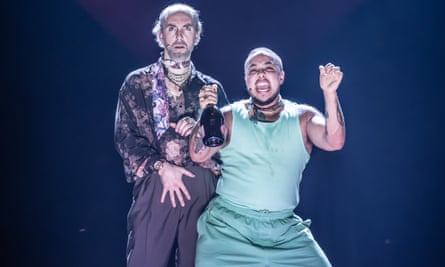 Tim Steed as Don John (left) and Mika Onyx Johnson as Borachio