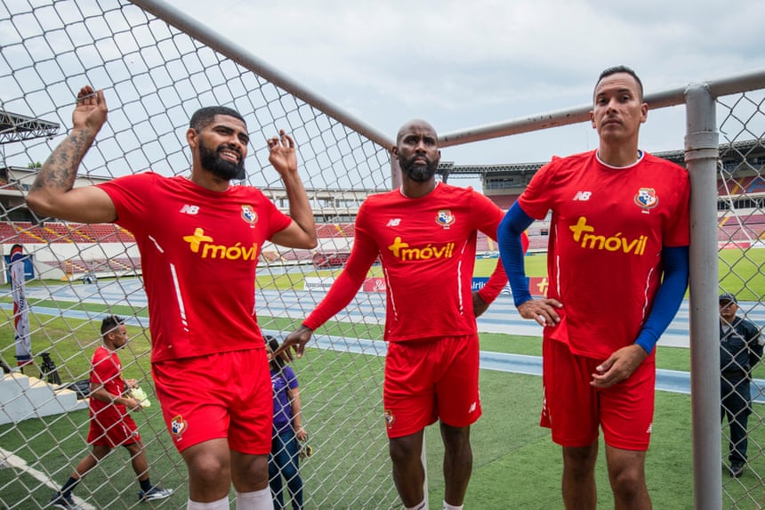 Gabriel Gomez, Felipe Baloy and Blas Perez take a break during training at the Estadio Rommel Fernandez