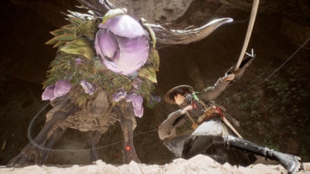 The main character, Emma, slashes their sword at plant-like enemy