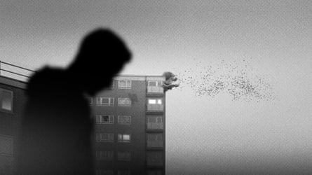 A black and white still from Signet City