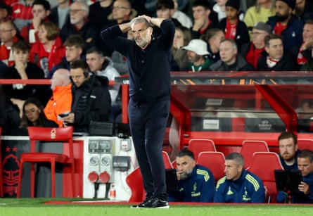 Ange Postecoglou, with hands on his head, looks dejected during Forest’s 3-2 defeat by Midtjylland.