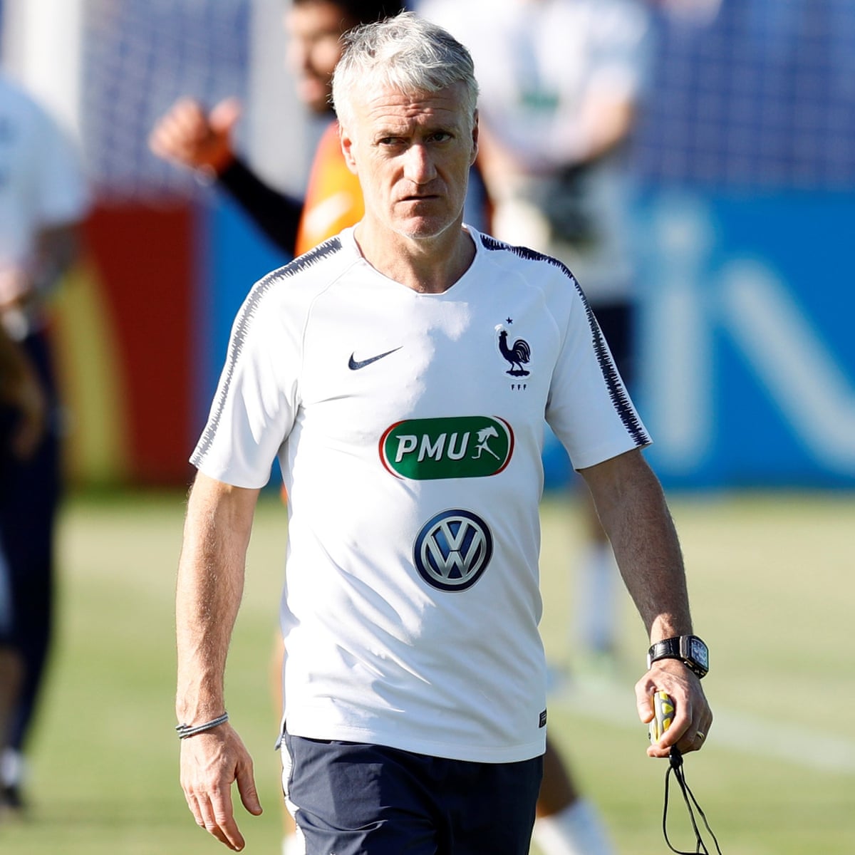Didier Deschamps, a former Juventus and Chelsea midfielder as well as ex-captain of the French team, waves during his official presentation as new coach of Juventus soccer club, in Acqui Terme training