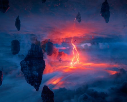 Rock-like formations floating in the sky with bright orange lightning bolts behind.