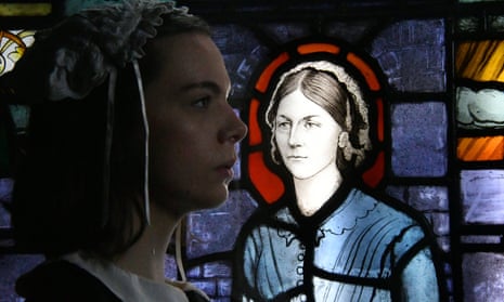 A stained glass image of Nightingale, at an exhibition marking the 200th anniversary of her birth.