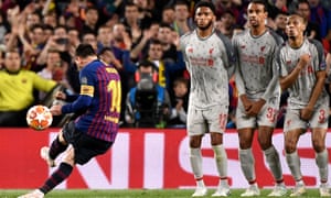 Lionel Messi whips in a sublime free-kick for his second and Barcelona’s third goal of another Champions League semi-final he bent to his will.