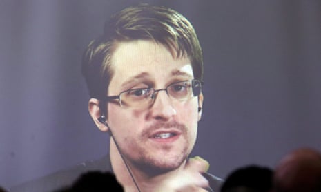 Edward Snowden appears via video link during a conference in Argentina in November 2016.