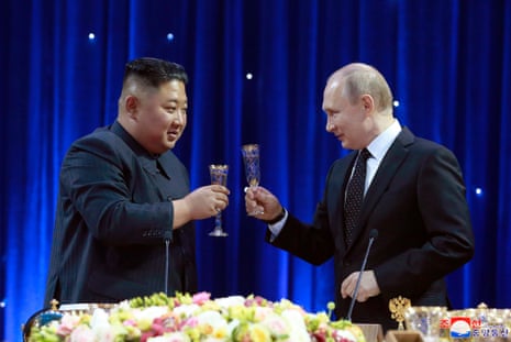 North Korean leader Kim Jong-un toasts Russian president Vladimir Putin in Vladivostok, Russia in 2019. The US has said North Korea will pay a price if it supplies arms to Moscow for use in Ukraine.