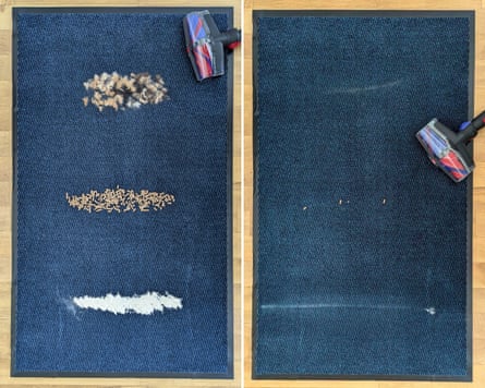 Two pieces of carpet side by side, showing the before and after with the Dyson V16. On the left piece of carpet, there is a pile of flour, a pile of cat litter and a pile of pet hair. On the right, most of the mess has been cleared, apart from some cat litter fragments