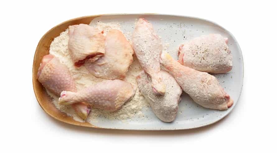 Felicity Cloake’s pollo alla cacciatore or hunter’s chicken masterclass stage 1. Choose your cut of meat then flour the chicken.