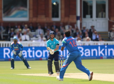 Duckett of England chips the ball straight back to Prince Yadav