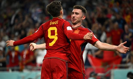 Gavi and and Aymeric Laporte celebrate during the 7-0 rout of Costa Rica